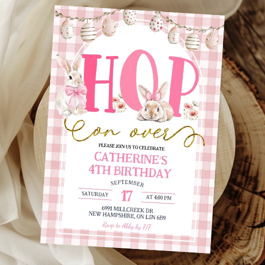 Invitation Gingham Boho Floral Hop on over Bunny Birthday