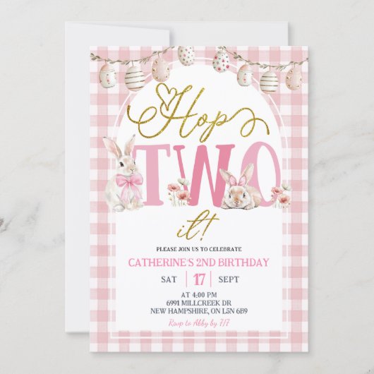 Invitation Gingham Boho Floral Hop Two It Anniversaire (Devant)