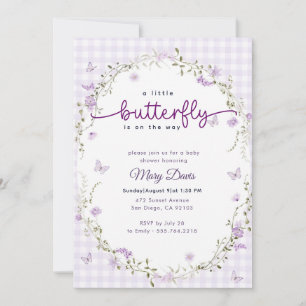 Invitation Gingham Boho Printemps Lavande Papillon Baby Showe