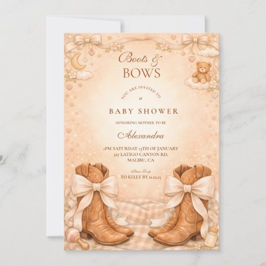 Invitation Gingham Boots And Bows Baby Shower (Devant)