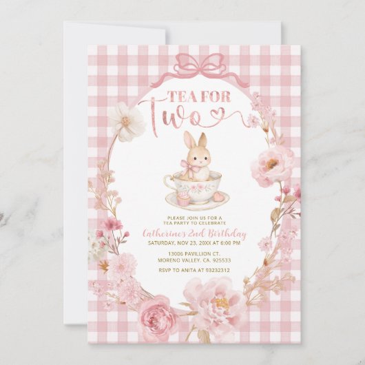 Invitation Gingham Bunny Tea Party Birthday Pink Bow (Devant)