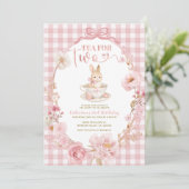 Invitation Gingham Bunny Tea Party Birthday Pink Bow (Debout devant)