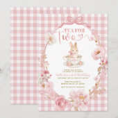 Invitation Gingham Bunny Tea Party Birthday Pink Bow (Devant / Derrière)