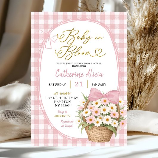 Invitation Gingham Coquette Bébé Fleur en Baby Shower