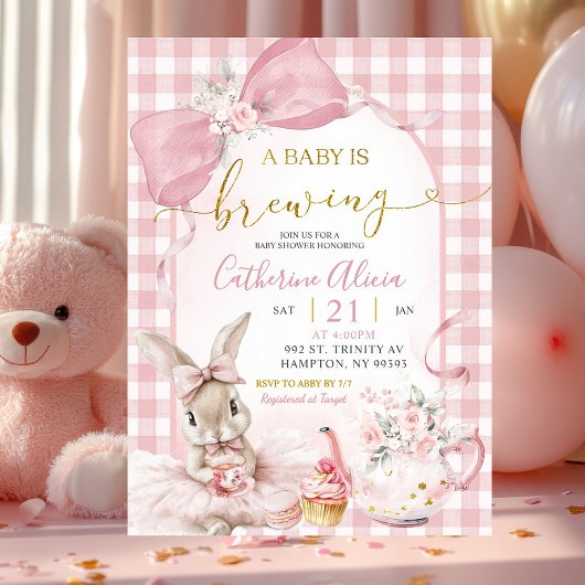 Invitation Gingham Coquette Pink Floral Bunny Baby Shower