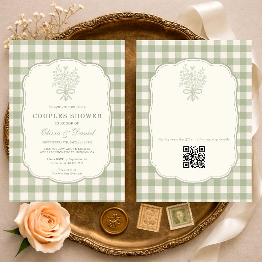Invitation Gingham Couples Shower Floral Bow QR Code