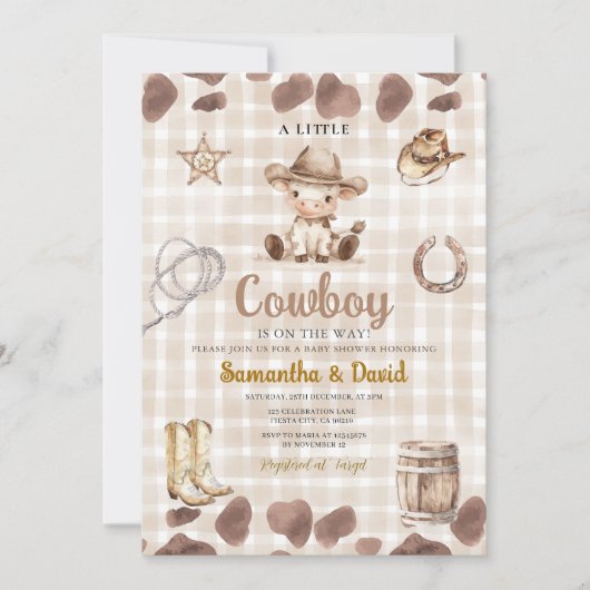 Invitation Gingham Cowboy arrive Baby Shower (Devant)