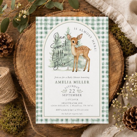 Invitation Gingham Douce Biche Fête de Naissance Mixte