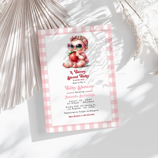 Invitation Gingham et Fraise Douce Baby Shower