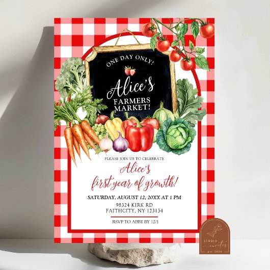 Invitation Gingham Farmer's Market Gender First Birthday