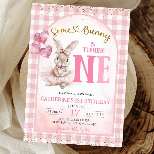 Invitation Gingham Floral Ballerina Bunny First Birthday