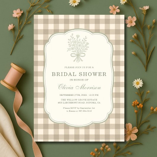 Invitation Gingham Floral Bow Beige Ivory Bridal Shower