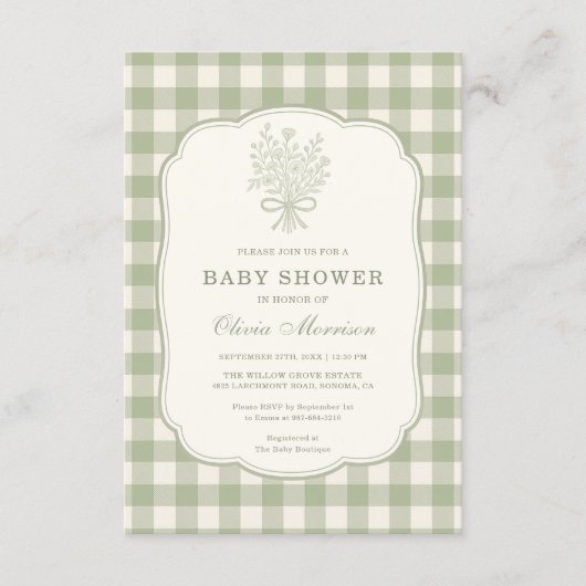 Invitation Gingham Floral Bow QR Code All in One Baby Shower (Devant)