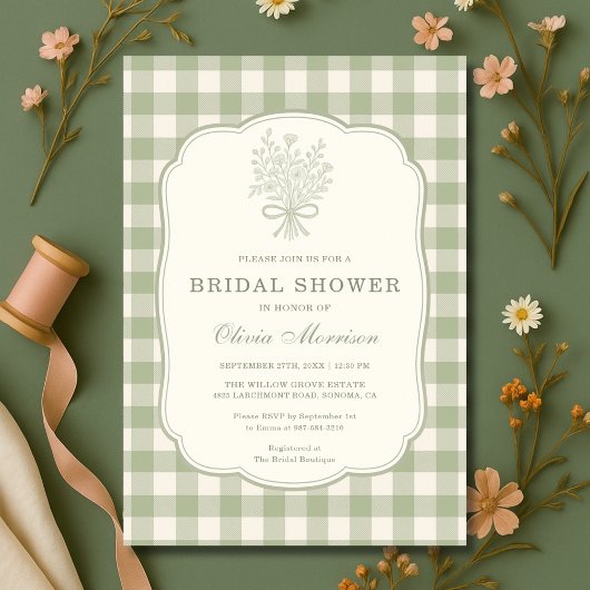 Invitation Gingham Floral Bow Sage Green Bridal Shower