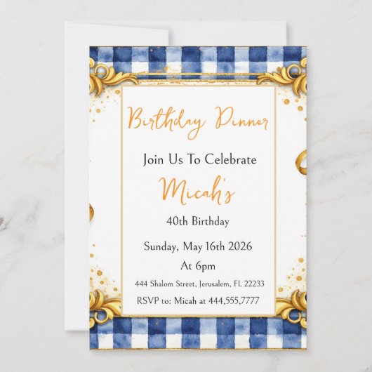 Invitation Gingham Luxe Moderne Tendance Chic Bleu Blanc Or (Devant)