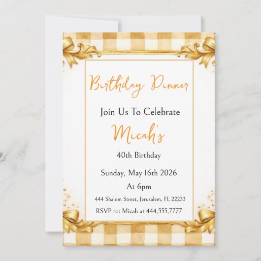 Invitation Gingham Or Beige Blanc Luxe Moderne Tendance Chic (Devant)