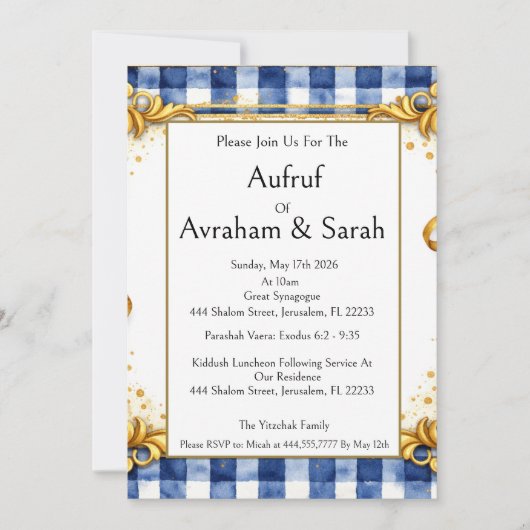 Invitation Gingham Or Bleu Blanc, Aufruf Juif, Luxe (Devant)