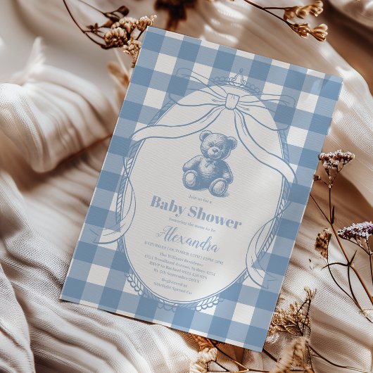 Invitation Gingham Ours en peluche bébé French Shower