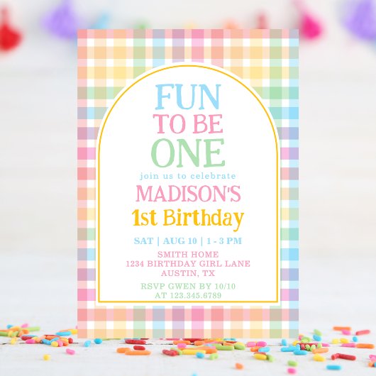 Invitation Gingham Pastel Amusant pour son 1er Anniversaire