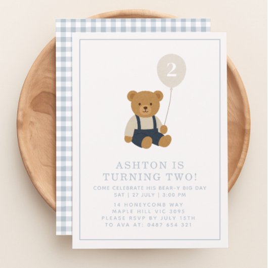 Invitation Gingham, petit ours anniversaire