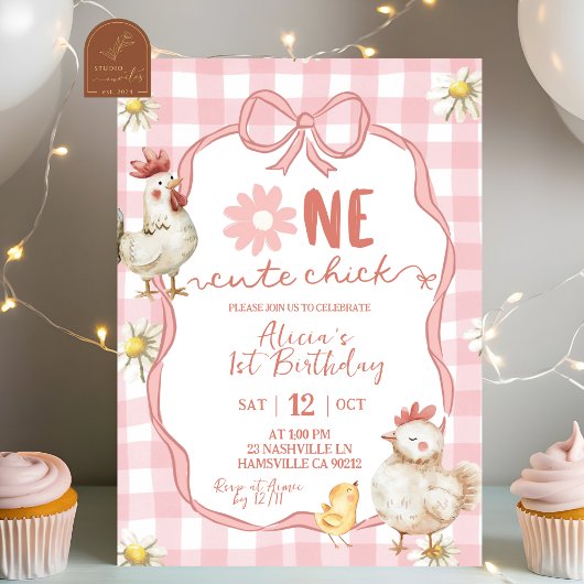 Invitation Gingham Pink Daisy One Cute Chick 1st Birthday