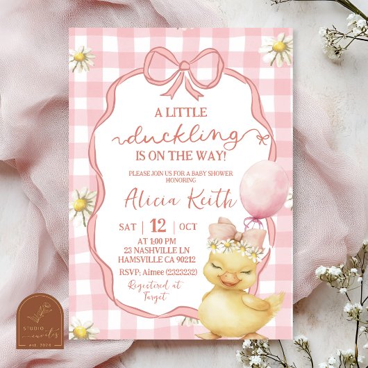 Invitation Gingham Pink Daisy Yellow Duck Baby Shower