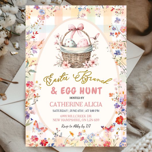 Invitation Gingham Pink Wildflower Easter Egg Hunt and Brunch