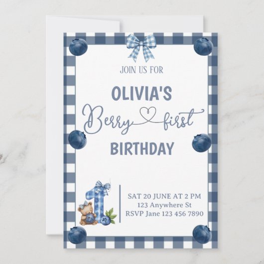 Invitation Gingham pour le premier anniversaire de (Devant)