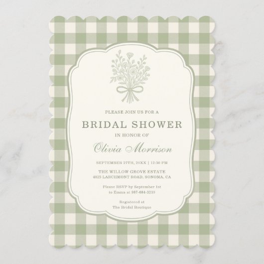 Invitation Gingham QR Code Sage Green Floral Bridal Shower (Devant)
