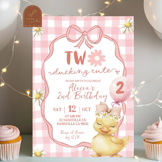 Invitation Gingham Rose Fleur Jaune Canard 2e Anniversaire
