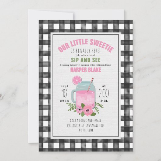 Invitation Gingham Rose Limonade Bébé Fille Visio Sip & See (Devant)
