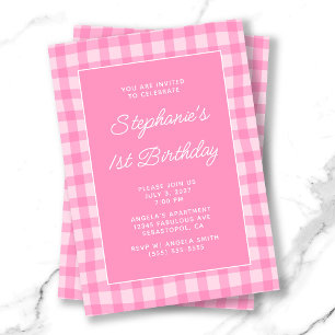 Invitation Gingham Rose Vague Été 1er Anniversaire