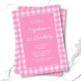 Invitation Gingham Rose Vague Été 1er Anniversaire