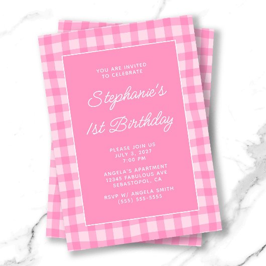 Invitation Gingham Rose Vague Été 1er Anniversaire