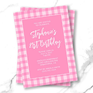 Invitation Gingham Rose Vague Été Anniversaire 21 Ans Gras