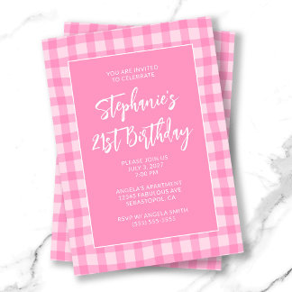 Invitation Gingham Rose Vague Été Anniversaire 21 Ans Gras