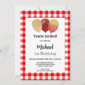 Invitation Gingham Rouge, Ballons de Fête 1er Anniversaire (Devant)
