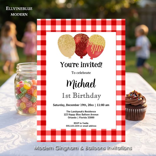 Invitation Gingham Rouge, Ballons de Fête 1er Anniversaire