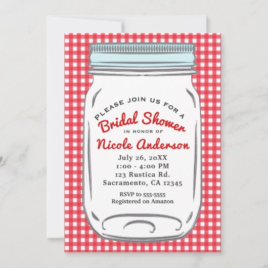 Invitation Gingham rouge et pot Mason bleu Campagne rustique (Devant)