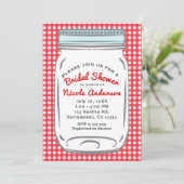 Invitation Gingham rouge et pot Mason bleu Campagne rustique (Debout devant)