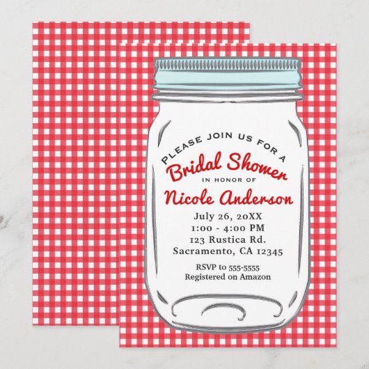 Invitation Gingham Rouge & Pot Mason Bleu Campagne Rustique (Devant / Derrière)