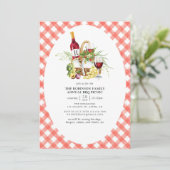 Invitation Gingham Rouge Rustique Monogramme BBQ Pique-Nique (Debout devant)