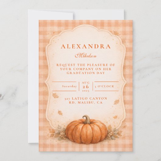 Invitation Gingham Rustique Citrouille Rentrée des Classes (Devant)