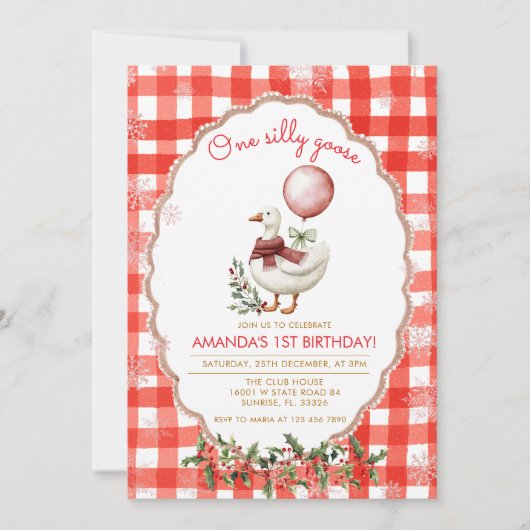 Invitation Gingham Silly Goose 1st Birthday Winter Christmas (Devant)