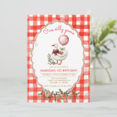 Invitation Gingham Silly Goose 1st Birthday Winter Christmas (Debout devant)