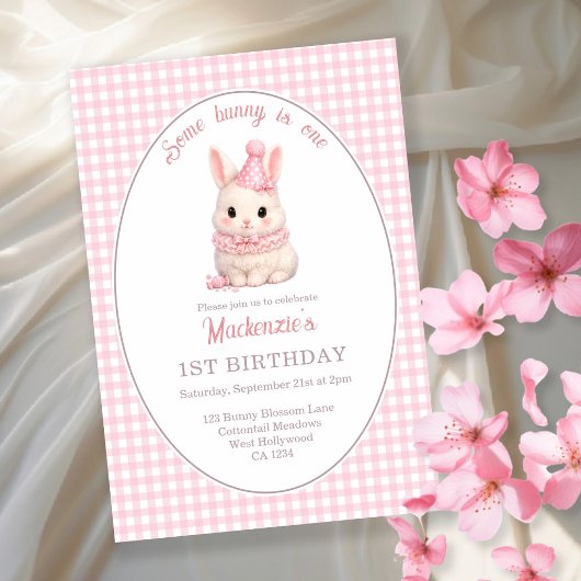 Invitation Gingham Some Bunny Is One Birthday Personalized