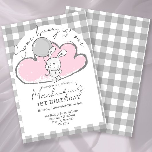 Invitation Gingham Some Bunny Is One Birthday Personalized