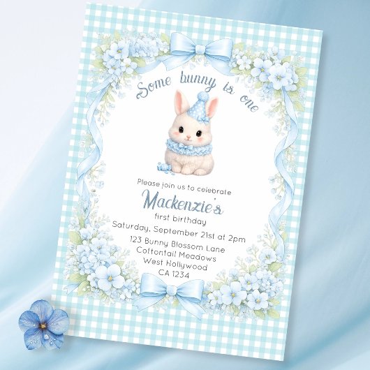 Invitation Gingham Some Bunny Is One Birthday Personalized