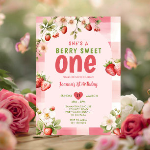 Invitation Gingham Strawberry Sweet One Berry 1er Anniversair