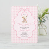 Invitation Gingham Teddy Bear Girl Baby Shower (Debout devant)